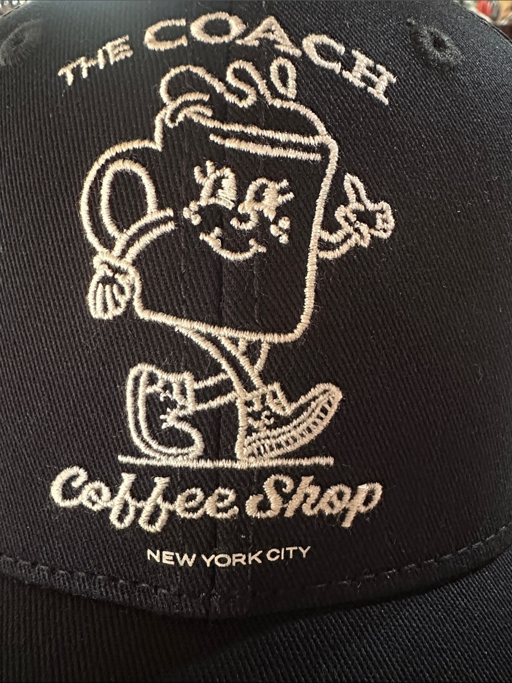 Coach Coffee Shop Black Baseball Cap with White Embroidered Coffee Character - Picture 2 of 9